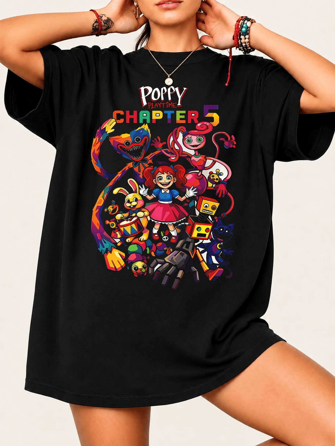 Poppys Playtime Chapters 5 T-Shirt For Fans - 100% Cotton Unisex, Colorful Print With All The Game Characters - Black - View 1