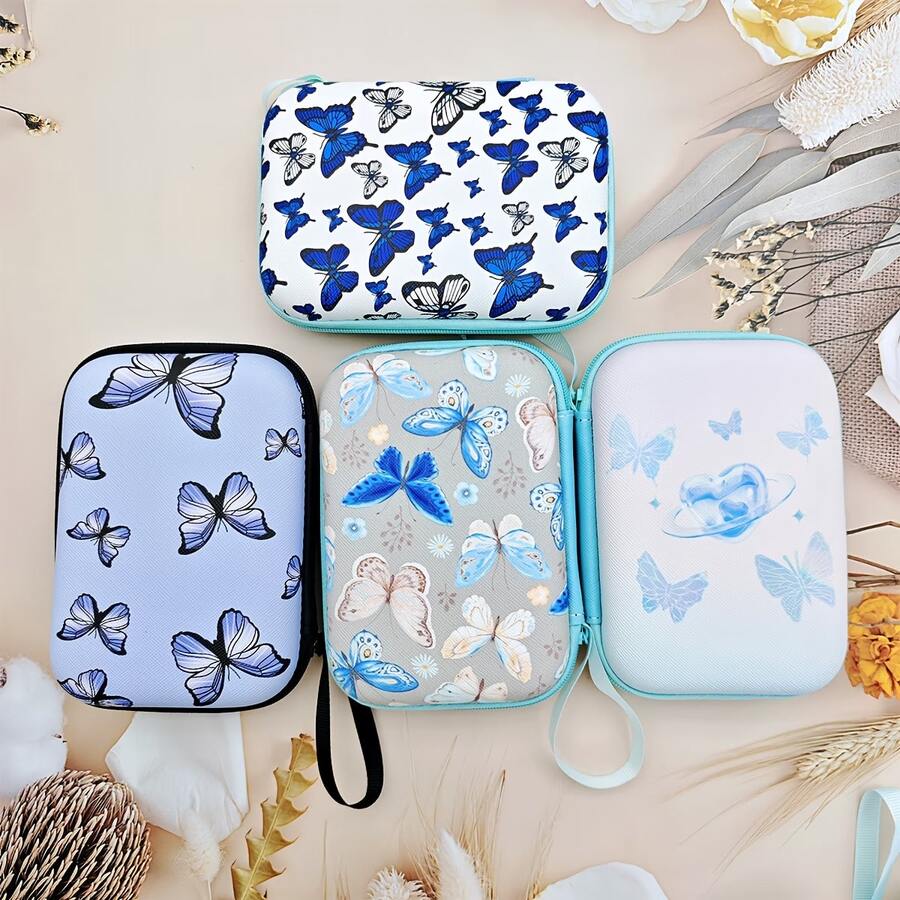 Uma série multifuncional de bolsas de armazenamento de caixa rígida digital de material EVA com padrão de borboleta. É adequada para armazenar e proteger carregadores, cabos de dados. Possui um design de caixa protetora rígida e bolsos de malha para armazenar cabos de dados. - Multicolorido - Visão 1