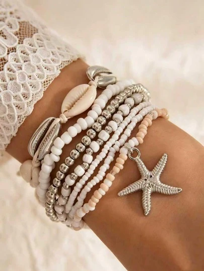 Juego de 7 piezas de pulseras de lujo y alta gama con conchas y estrellas de mar en estilo bohemio para mujer, con cuentas y conchas de cowrie apilables, para joyería de playa, tropical y de vacaciones de verano