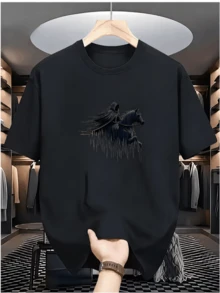 Unisex Printed Cotton T-Shirt With Round Neck And Short Sleeves In Black, Loose And Comfortable. - Back - View 7