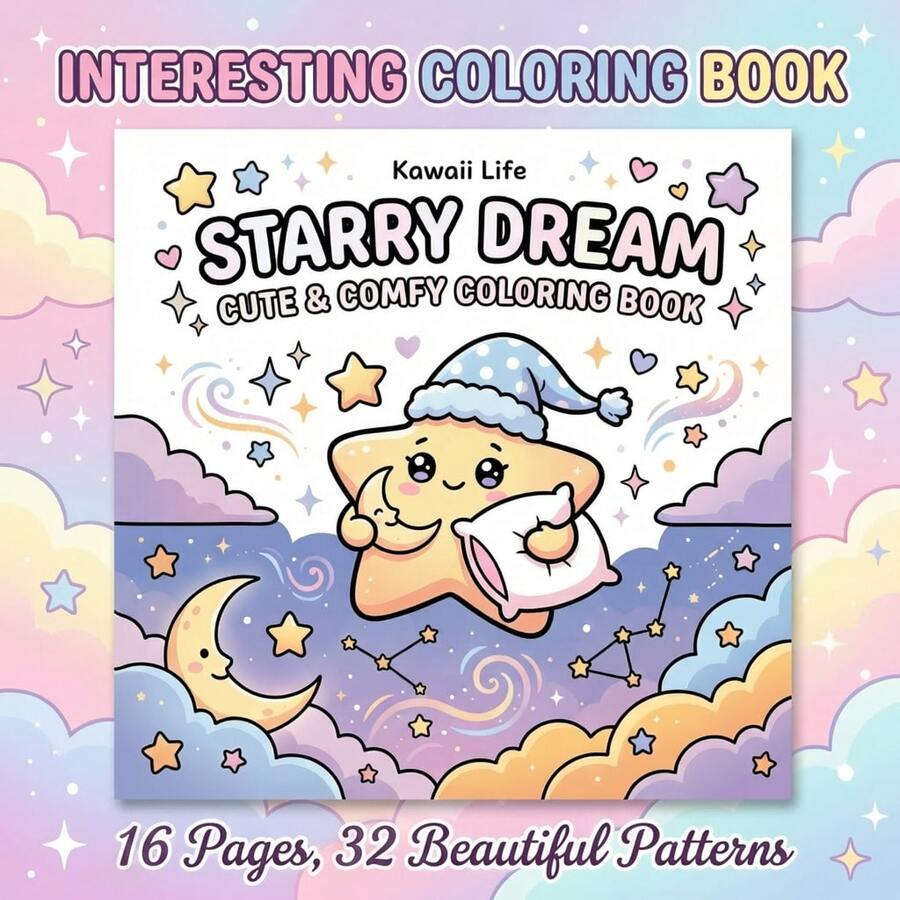 Kawaii 著色書-高品質星空夢幻主題,附鮮豔插圖,不透光超感紙,騎縫裝訂,適合紓壓放鬆,青少年、成人與長輩的完美禮物-精緻圖案趣味活動 - 彩色 - 查看 1