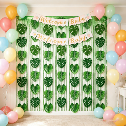 1 Set Tropical Palm Leaf Decor Curtain - Green Mango Leaves And Palm Leaves Paper Hanging Decor Strips, Suitable For Hawaiian Theme, Jungle Theme, Picnic Theme, Summer Beach Theme, Baby Shower, Tropical Birthday Party Decoration