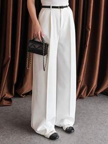 Pantalones anchos de cintura alta y color blanco, de peso ligero, con detalles plisados, esenciales para el transporte y el uso diario (incluye cinturón) - Blanco - Ver 8