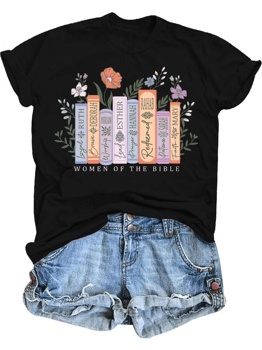 Black Inspirational Women Of The Bible T-Shirt With Colorful Floral And Book Graphic - Soft, Machine Washable, Comfortable For All Seasons, Casual Women's T-Shirt, Inspirational C - 黑色 - 查看 1