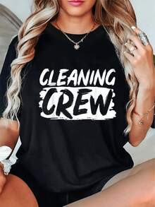 Camiseta de conserje del equipo de limpieza - Camiseta gráfica audaz CLEANING CREW, negra con letras blancas - Camiseta de trabo resistente para conserjes, amas de llaves, gerentes de instalaciones - Lavable a máquina y de fácil cuidado R, atuendo casual, camiseta casual de color liso simple - Negro - Ver 2