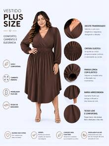 Women's Plus Size Dress With Wrap Neckline, Long Sleeves, Side Slit, Loose Fit, For Parties - Rỉ Nâu - Xem 2