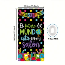 1pc Spanish Back To School Door Cover Party Banner, Polyester, Black Background With Globe And Pencil Pattern, Classroom Decoration Hanging Flags, Spanish Campus Theme Event Decoration, Photo Booth Backdrop - A - View 3