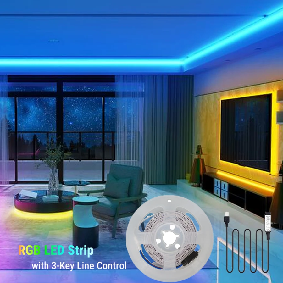 3535 RGB LED灯条，USB 5V供电，三键线控，可变色柔性灯带，适用于电视背光、卧室、游戏装饰 - 3Key-USB-3535 - 查看 1