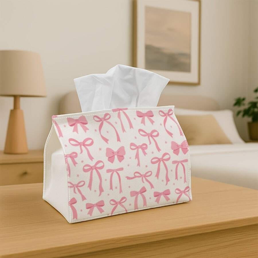 1pc Romantic & Cute Bow Repeat Pattern Tissue Box, Durable Decorative Storage Box For Kitchen, Living Room, Bedroom - Multifunctional Holiday Home Decor, Compact Rectangular Shape Suitable For Desk Or Shelf Display