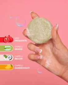 COSMI MILANO Festes Shampoo 55 g in einer Metalldose. Formel mit Kokosöl, Granatapfel, Grüntee und Mangobutter für trockenes, fettiges und strapaziertes Haar. Für die häufige Anwendung geeignet. Reichhaltige Textur, dichter Schaum, langanhaltend. Praktisch für unterwegs, auslaufsicher. Ohne Sulfate und Silikone. Sanfte Haarpflege für Frühling und Sommer. - CON BURRO DI MANGOx1pz - Übersicht 3