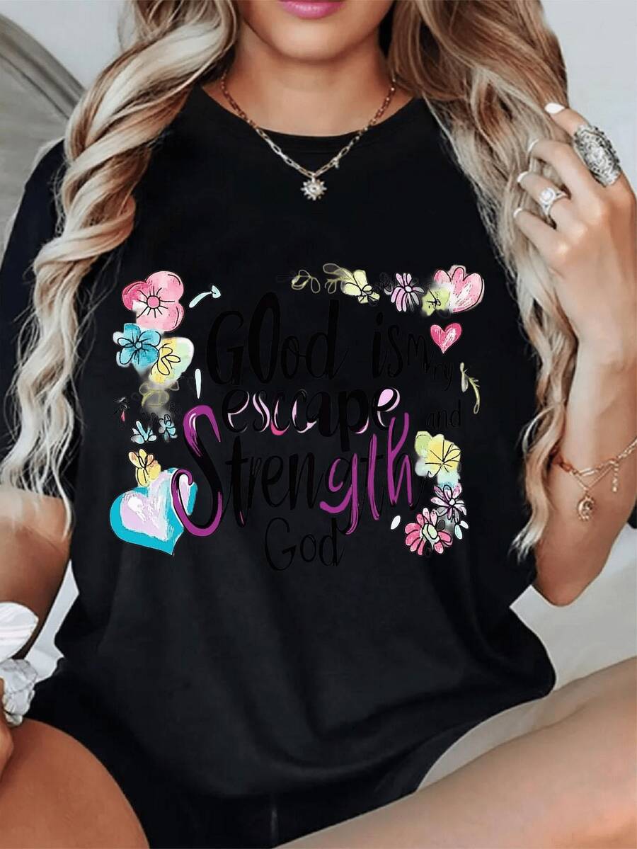 STRENGTH Camiseta de Cuello Redondo con Estampado - Tejido- Diseñ para Mujeres - Top Ligero y de Corte Relado para Todas las Estaciones, Uso Diario Camiseta Lisa Fácil (Corte Hoado Por Favor Consulte la Tabla de Tallas)
