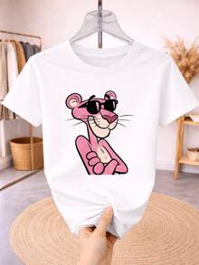 Playera Casual Mujer Estampado Dibujo Animado Pantera Color Rosa Lentes Camiseta de Manga Corta Cuello Redondo Estilo Retro Pop - Blanco - Ver 1