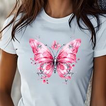 Camiseta con estampado gráfico de diseño de mariposa para mujer, camiseta casual de manga corta, 1 pieza. Cuello redondo cómodo y de tela gruesa, camiseta suave y bonita. - Blanco - Ver 5