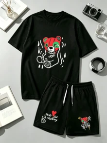 Men's Two-Piece Casual Outfit: Dark-Themed Cartoon Bear Print Loose-Fitting Short-Sleeved Shirt And Shorts Set; Unique Graffiti Style Summer Suit; Comfortable Everyday Sportswear/Casual Wear. - 黑色 - 查看 1