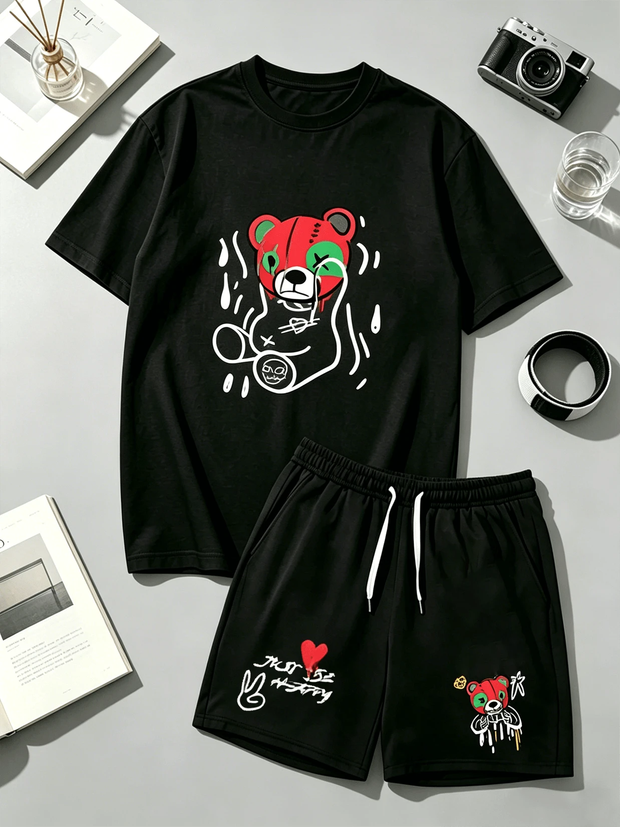 Men's Two-Piece Casual Outfit: Dark-Themed Cartoon Bear Print Loose-Fitting Short-Sleeved Shirt And Shorts Set; Unique Graffiti Style Summer Suit; Comfortable Everyday Sportswear/Casual Wear. - 黑色 - 查看 1