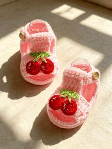 1 Pair Handmade Crochet Infant Sandals, White With Red Cherry Decor, Soft Knitted Booties - Baby Pink - View 4