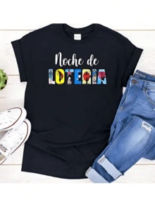 Noche de lotería que celebra la cultura mexicana con colores vivos figuras tradicionales y símbolos populares que evocan alegría y convivencia camiseta de mujer casual y moderna para uso diario - Negro - Ver 1