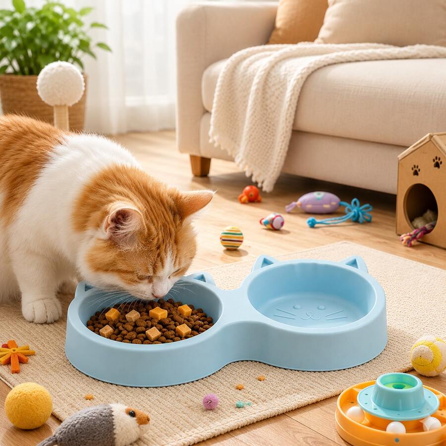 一套可爱猫形双头宠物碗，适用于猫、小型/中型犬、兔子和其他小型宠物，二合一防溢喂食器 - Small and medium-sized pets - 查看 1