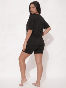 Casual Homewear Round Neck T-Shirt And Shorts Set - Black - View 8