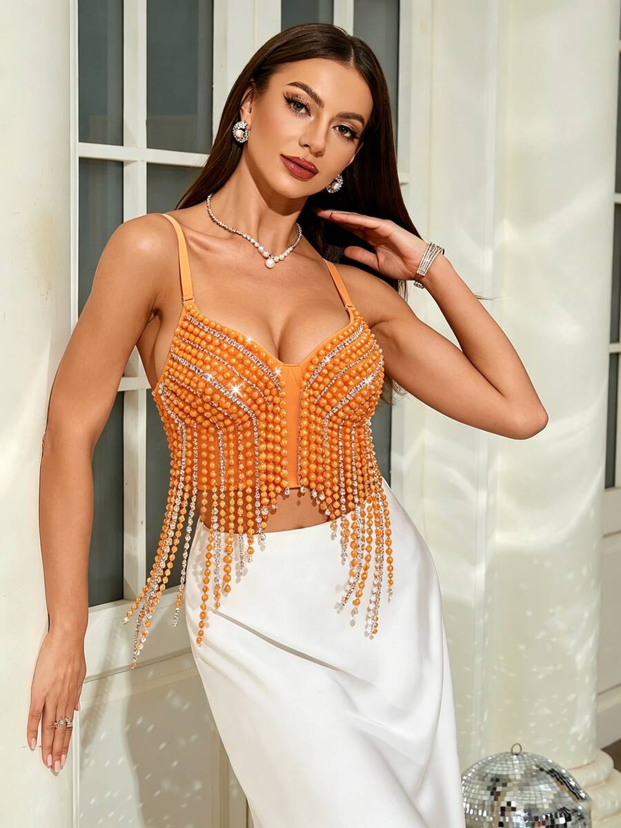 European And American Style Pearl Tassel Fishbone Bustier, Birthday Party Nightclub Dancing Stage Performance Heavy Beaded Rhinestone Vacation Summer - Orange - View 1