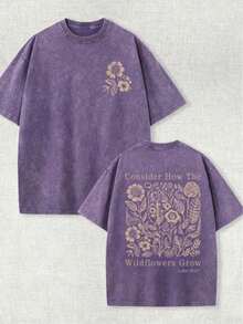 230g Washed, Secret Printed T-Shirt With Fresh Flowers, High-Quality Wax Printed Cotton Retro Fashion Brand T-Shirt, Men's T-Shirt, Beach Essential-61 - 紫色 - 查看 11