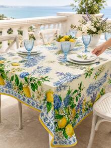 1pc Mediterranean Blue & White Lemon Lavender Floral Print Tablecloth, Fresh Pastoral Tile Style Dining Table Decor, Suitable For Kitchen, Dining Room, Patio Lunch, Kitchen Essentials, Home Decor - Baby Blue - View 4