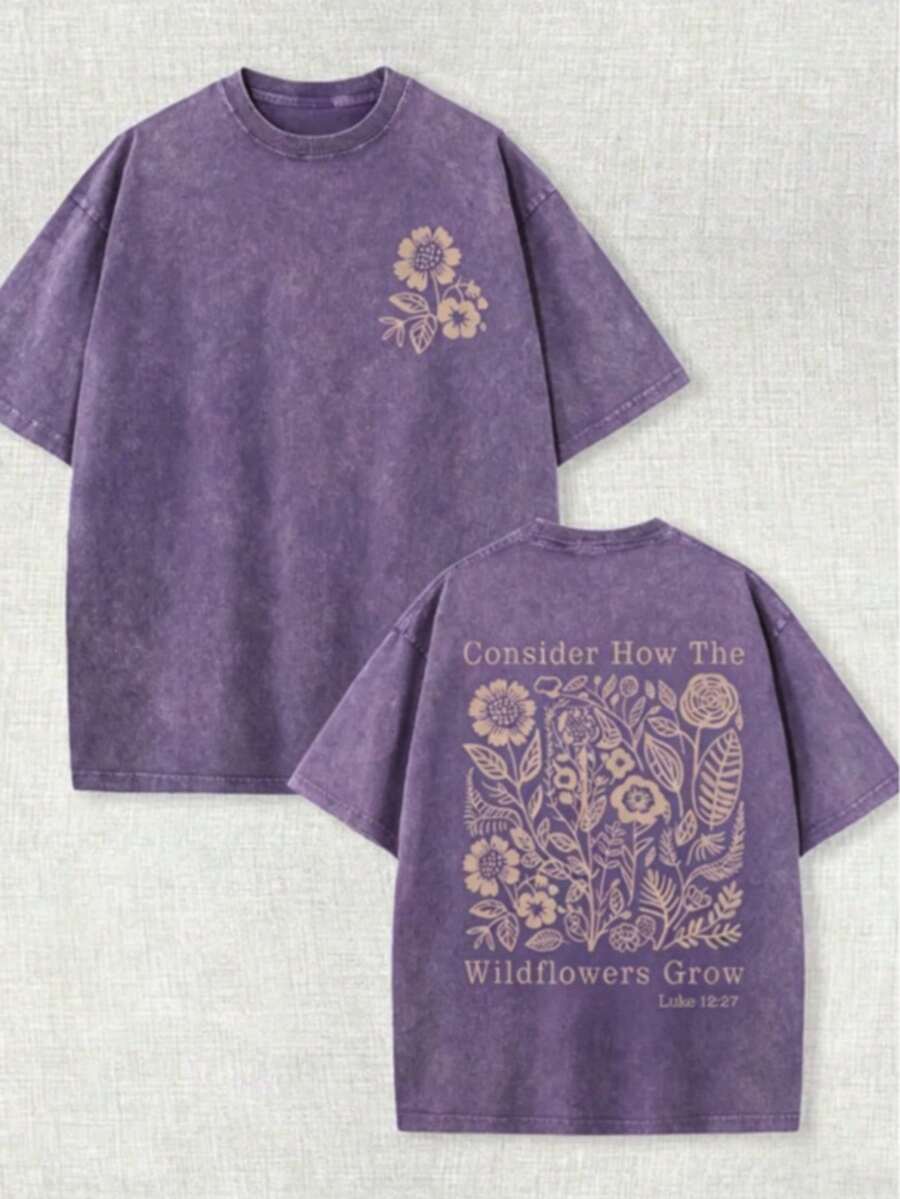 230g Washed, Secret Printed T-Shirt With Fresh Flowers, High-Quality Wax Printed Cotton Retro Fashion Brand T-Shirt, Men's T-Shirt, Beach Essential-61 - 紫色 - 查看 1