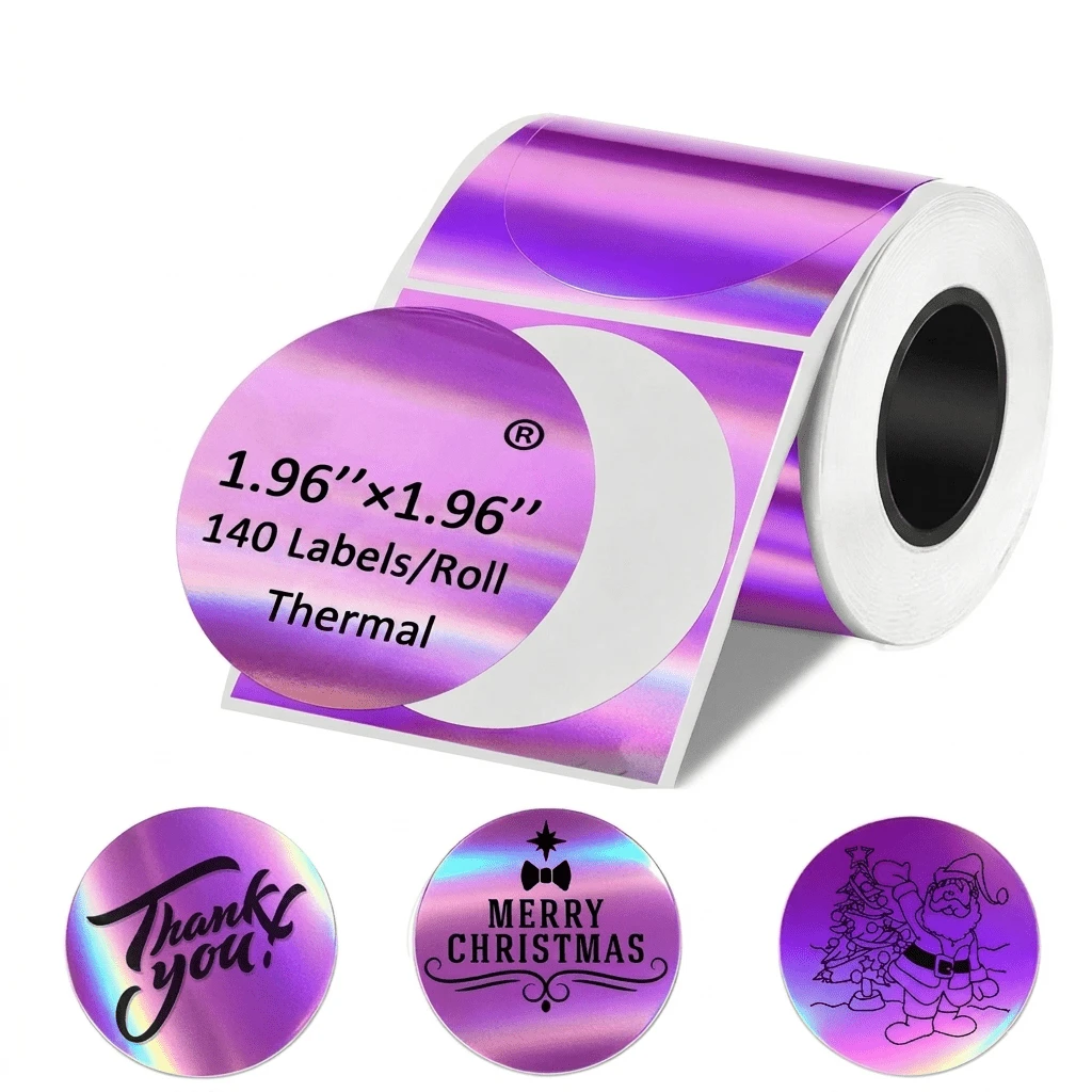 Giấy dán nhiệt hình tròn 50mm (2 inch), màu tím bóng, tự dính, dạng cuộn (140 nhãn), tương thích với máy in nhãn cầm tay và máy in Bluetooth, chống thấm nước & - Xem 1