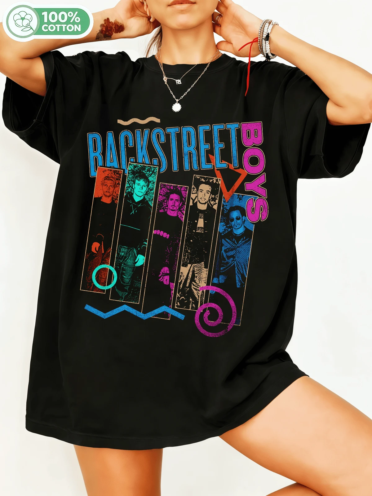 Backstreett Boys 90s Retro Pop Band Cotton T-Shirt, Vintage Music Graphic T-Shirt, Casual Crew Neck Short Sleeve, Unisex Streetwear, Nostalgic Boy Band Fan Merch. - Black - View 1