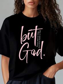 Camiseta Inspiradorara  - Camiseta Gráfica Casual de Manga Corta y Corte Entallado para Mujer - Incluye Texto Rosa Claro 'Pero Dios' con Frase Vertical 'No Había Otra Opción Que Dios' Perfectamente Diseñ - Negro - Ver 2