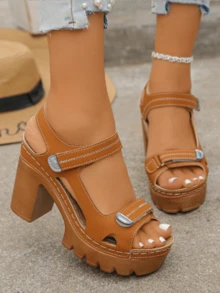 Women's Plus Size High-Heel Sandals, 2026 Summer New Arrival Platform Sandals, Single Strap Sandals, Elegant Style Ladies Sandals - 棕色 - 查看 3