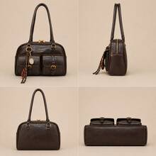 Large Brown & Coffee PU Handbag – Vintage Bowler Style Shoulder & Top Handle Bag For Office & Day Out - Coffee Brown - View 4