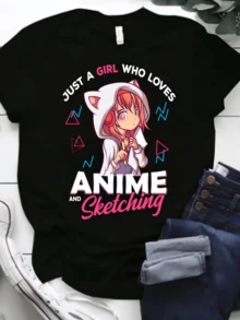 Girl With White Hoodie, Cat Ears, And Reddish Hair Holding A Notebook, Representing A Passion For Art And Creativity. Anime Inspiration, Perfect For Expressing Fun Style. Modern Casual Women's T-Shirt - 黑色 - 查看 1