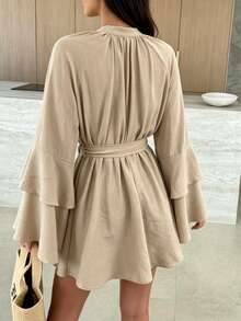 Women's Elegant Charming Solid Color Casual Criss-Cross Dress, Minimalist Fashion Tie-Up Long Sleeve Short Dress, Apparel - Khaki - View 5