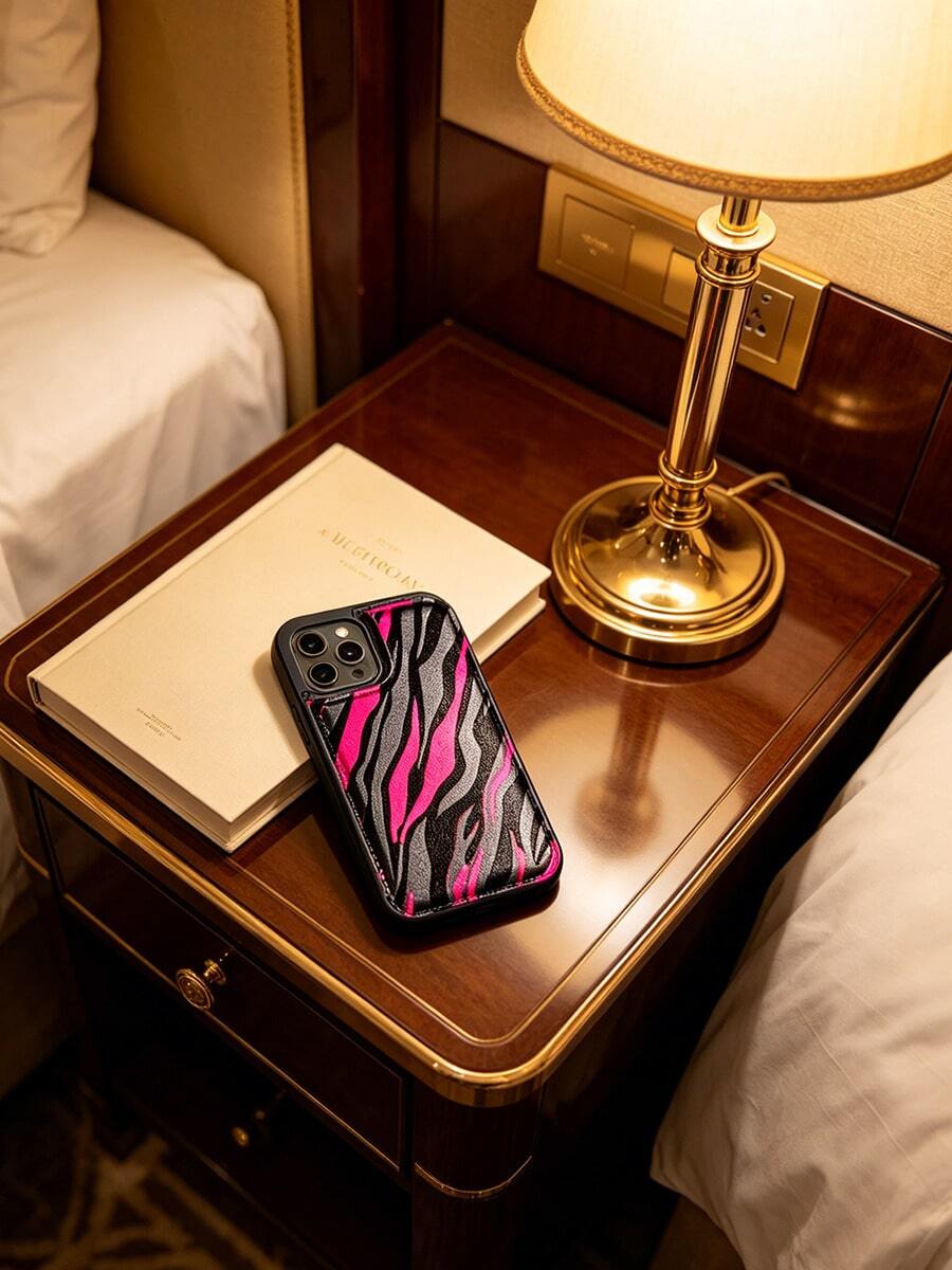1pcs Pink Zebra Stripes On White Pattern Cardholder-Style 13 Case-Combines A Phone Case And Wallet In One. Handcrafted With A Premium Leather-Textured Finish For A Stylish Look, Featuring Built-In Card Slots | Black 13 Case - Black - View 1