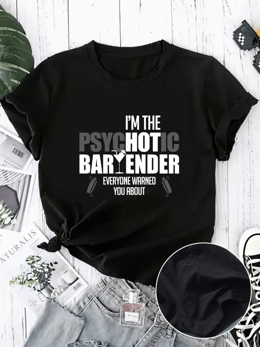 Camiseta negra únicara mujer - Mangas enrolls con la frase "SOY LA COCTELERSICÓTICA" e ilustraciones de cocteleras, camiseta gráfica llamatrfectara noches de drsión, reuniones informales, camiseta de manga corta casual elegante de uste entallado (uste hoado, consulte la
