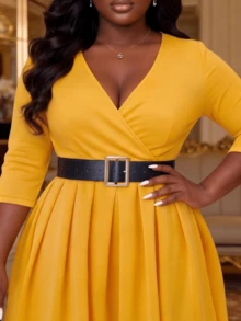 Women's Elegant Casual Vacation Elegant Party Date Office Commute Short Puff Sleeve Floral Decor Ruched Hem Split Midi Dress, Spring/Summer - Yellow - View 4