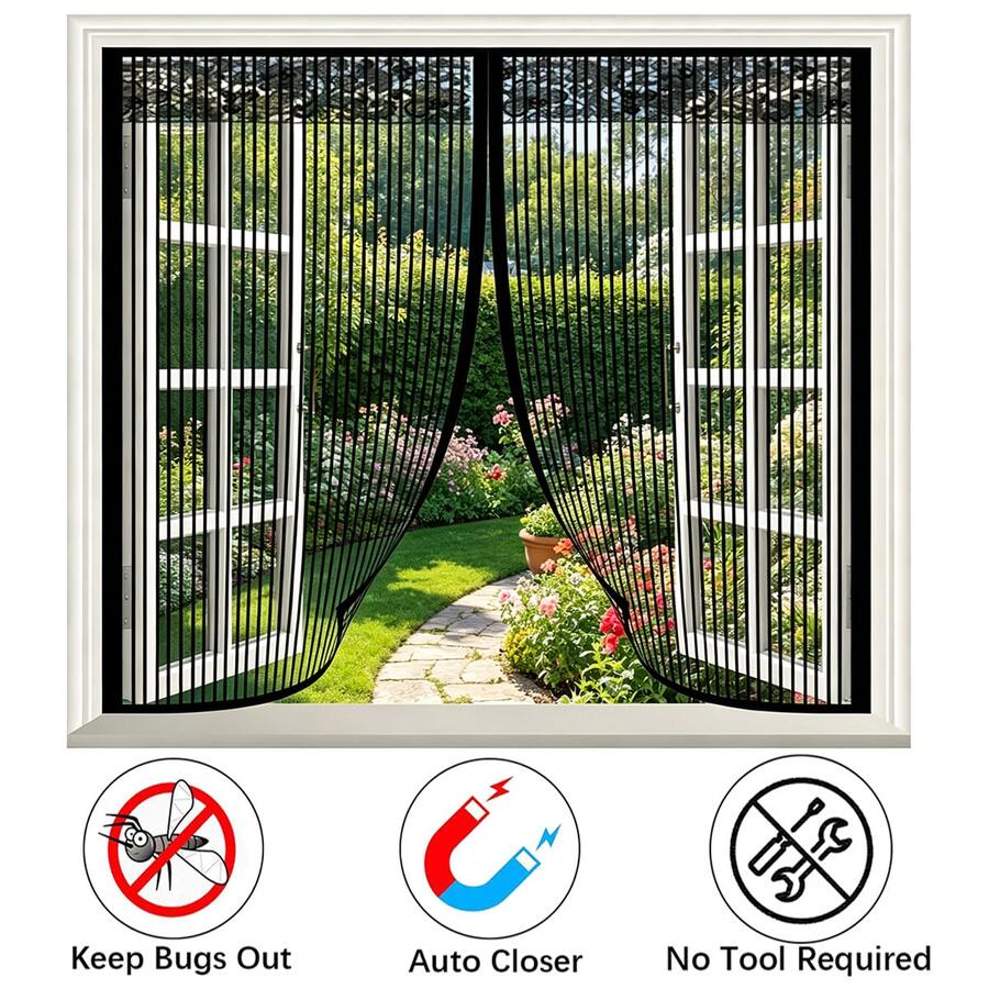 Magnetic Anti-Mosquito Mesh Screen, Window Mosquito Net, High-Density Polyester Fiber Mesh Screen, Magnetic Closure Mesh Door And Window To Prevent Mosquitoes And Flies, With Hook And Loop & Nails - Black - Black - View 1