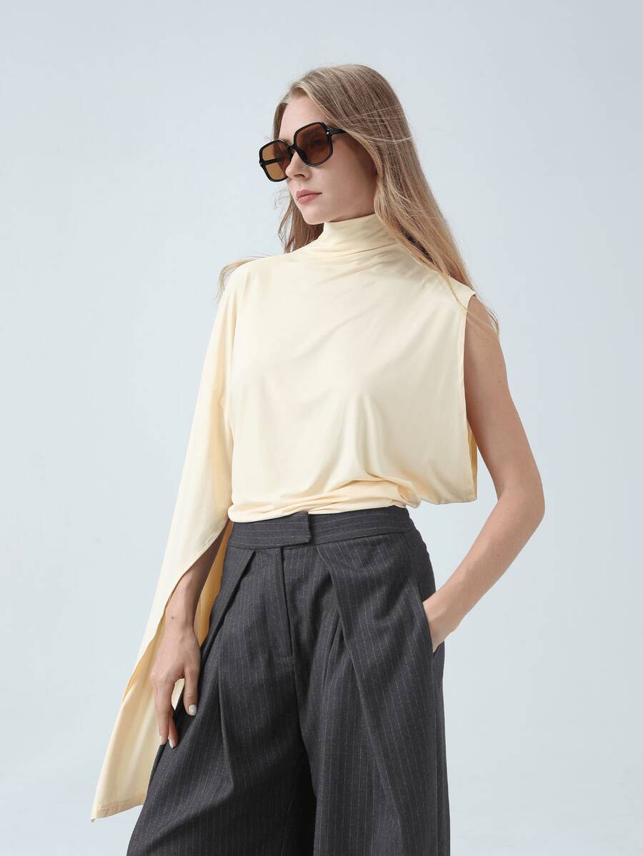 HZXVIC Blusa de satén con cuello alto asimétrico y manga única drapeada, color amarillo pálido, para fiesta y cita nocturna - Albaricoque - Ver 1