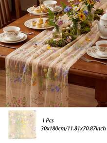 1/3pcs Champagne Floral Table Runner, 10ft Embroidered Tulle Spring Wildflower Table Runner, Room Decor, Seasonal Summer Butterfly Kitchen Dining Room Gauze Decoration For Wedding Decor, Baby Shower, Birthday Decoration - Pansy - View 14