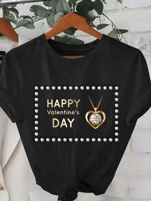 Camiseta de manga corta y cuello redondo en 10 colores, con diseño de 95% y 5%, con letras dors para un Feliz Día de San Valentín, diseño de collar de diamantes con forma de corazón y borde de diamantes brillantes. Esta camiseta casual de lujo es perfectara las fiestas. - Negro - Ver 2
