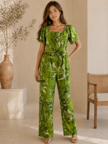 Long Jumpsuit, Thermal Print, All-Over Print, Polyester, Embroidered, With Belt, Buttons, Front Zipper, Birthday Party, Dating, Spring/Summer. - Green - View 1