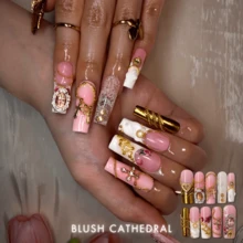 NailLuxe 10 PCS 100% Handmade Reusable Acrylic Square Press-On Nails | Nude Pink Vintage Baroque Portrait & Cross Palace Style With Pink, Gold & Lace Bases, Vintage Portrait, Cross & Gem Embellishments - Vàng - Xem 2