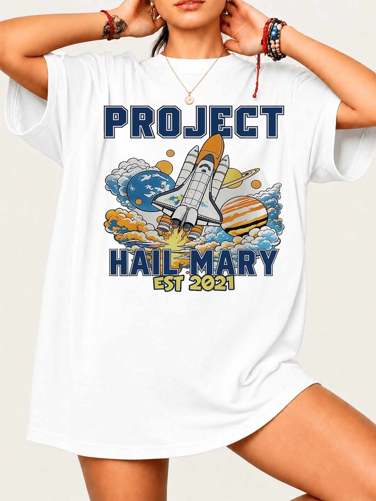Projectes Hails Maryer T-Shirt For Sci-Fi Fans - 100% Cotton Unisex, Space Rocket Design, Comfortable Streetwear Style - White - View 1