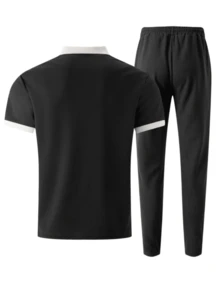 2pcs Men's Set: Contrast Color Half-Zip Waffle Polo Shirt + Drawstring Waist Casual Pants, Comfortable Breathable Stylish Color Block Outfit - 黑色 - 查看 3