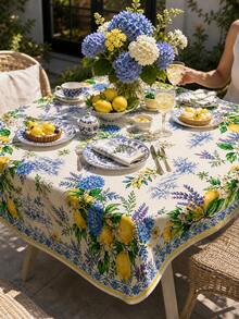 1pc Mediterranean Blue & White Lemon Lavender Floral Print Tablecloth, Fresh Pastoral Tile Style Dining Table Decor, Suitable For Kitchen, Dining Room, Patio Lunch, Kitchen Essentials, Home Decor - Baby Blue - View 7