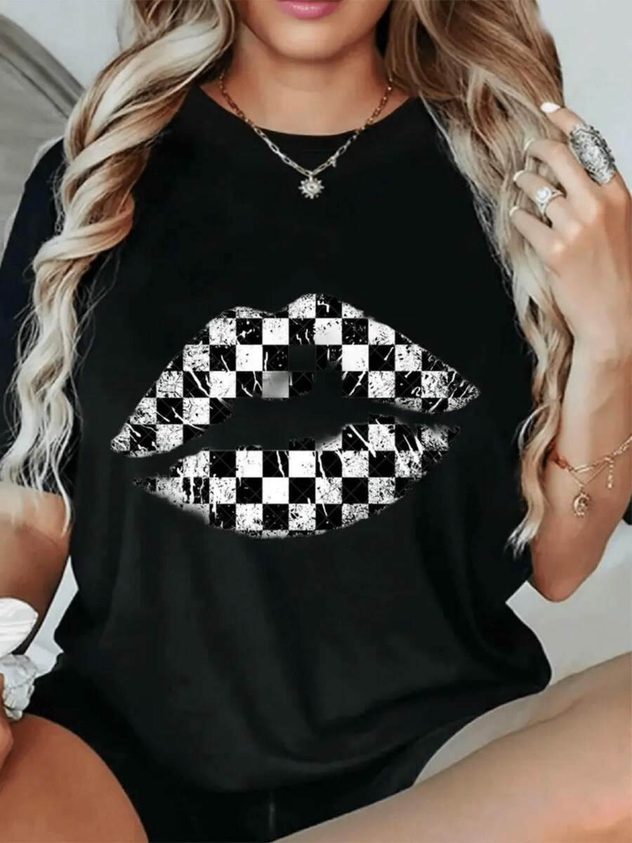Camiseta de  con Estampado Gráfico de Labios - Camiseta Gráfica Casual de Manga Corta y Corte Entallado para Mujer - Elegante Camiseta Negra con Diseño de Labios a Cuadros Grandes, Perfectara Salidas Casuales y Uso Diario