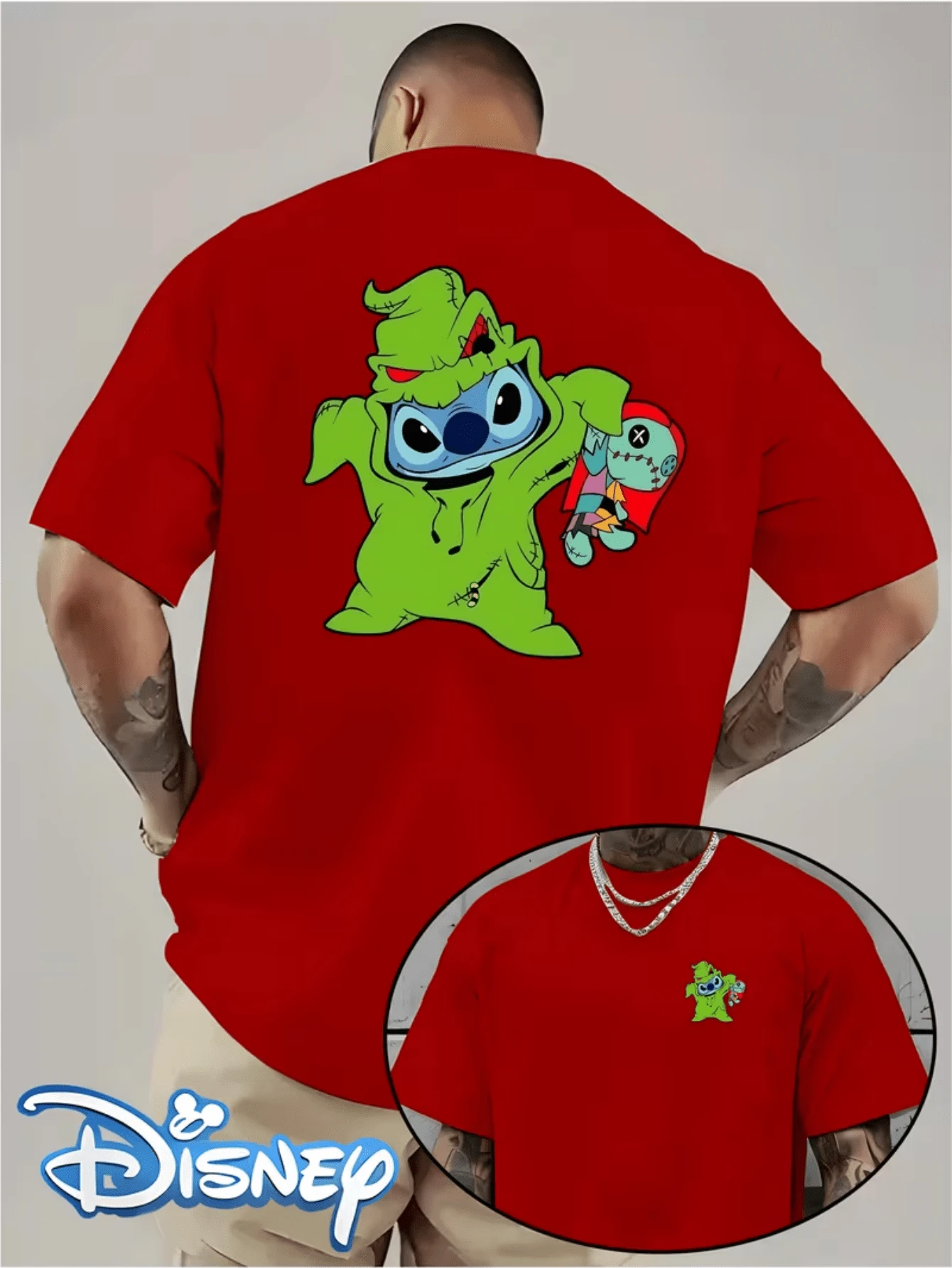 (Disney Licensed T Shirts)Disney Lilo & Stitch Stitch Oogie Boogie1 Costume Graphic Tee Men's Oversized Crew Neck Short Sleeve T-Shirt, Casual Streetwear With Stitch Dressed As Oogie Boogie1 Holding Sally Doll Print, Nightmare Before Christmas Crossover Loose Fit Tee, Mens Clothes, Men, Ropa De Hombre, Summer Clothes, Men Shirts, Graphic Tees, Disney Outfits Men, Graphic Tees, Camisetas Para Hombre, Camisas Para Hombre, Summer Outfits For Men, Father's Day Gift, Perfect Gift For Family And Friends, Which Are Necessary For Birthday Parties, Disney Shirts, Mens Clothes, Summer Clothes, Officially Licensed Disney T-Shirts, Disney Men's And Women's Spring/Summer Fashion Casual Short-Sleeve T-Shirts, Disney Top - Red - View 1