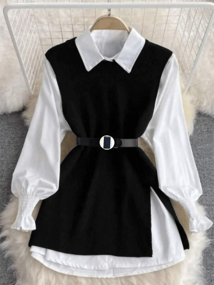 Liuhan Modasfeminina 2 peças/Conjunto Colete Com Manga De Lanterna Branca de Primavera e Colete De Malha De Ajuste Solto Com Frente Aberta Conjuntos De Roupas Em Camadas Para Mulheres 2025 Com Cinto - Preto 1 - Visão 1