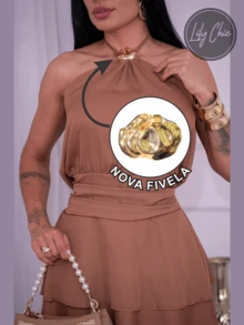 Elegant Halter Neck Jumpsuit Dress In Silk Crepe With Metallic Accessories And Ruffles – Featuring Built-In Shorts. - Camel - View 3